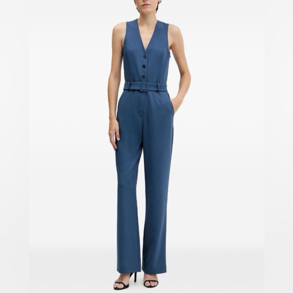 Sisley Sleeveless V-Neck Belted Jumpsuit - Denim Blue
